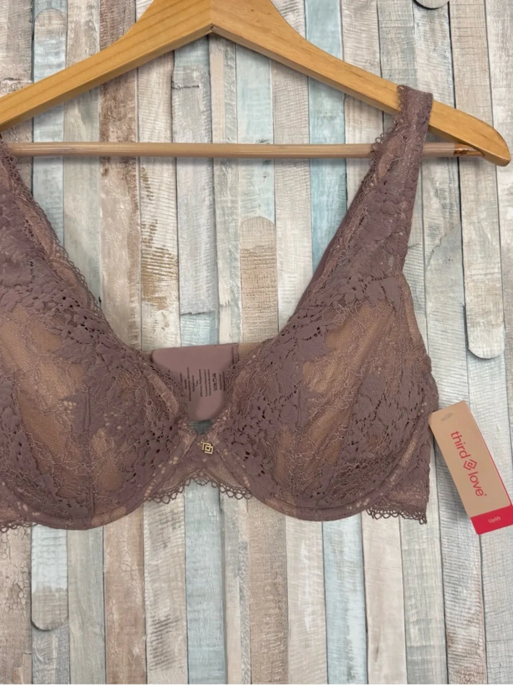 New Thirdlove 38C All Day Lace Uplift Plunge Bra Twilight Taupe Underwire NWT